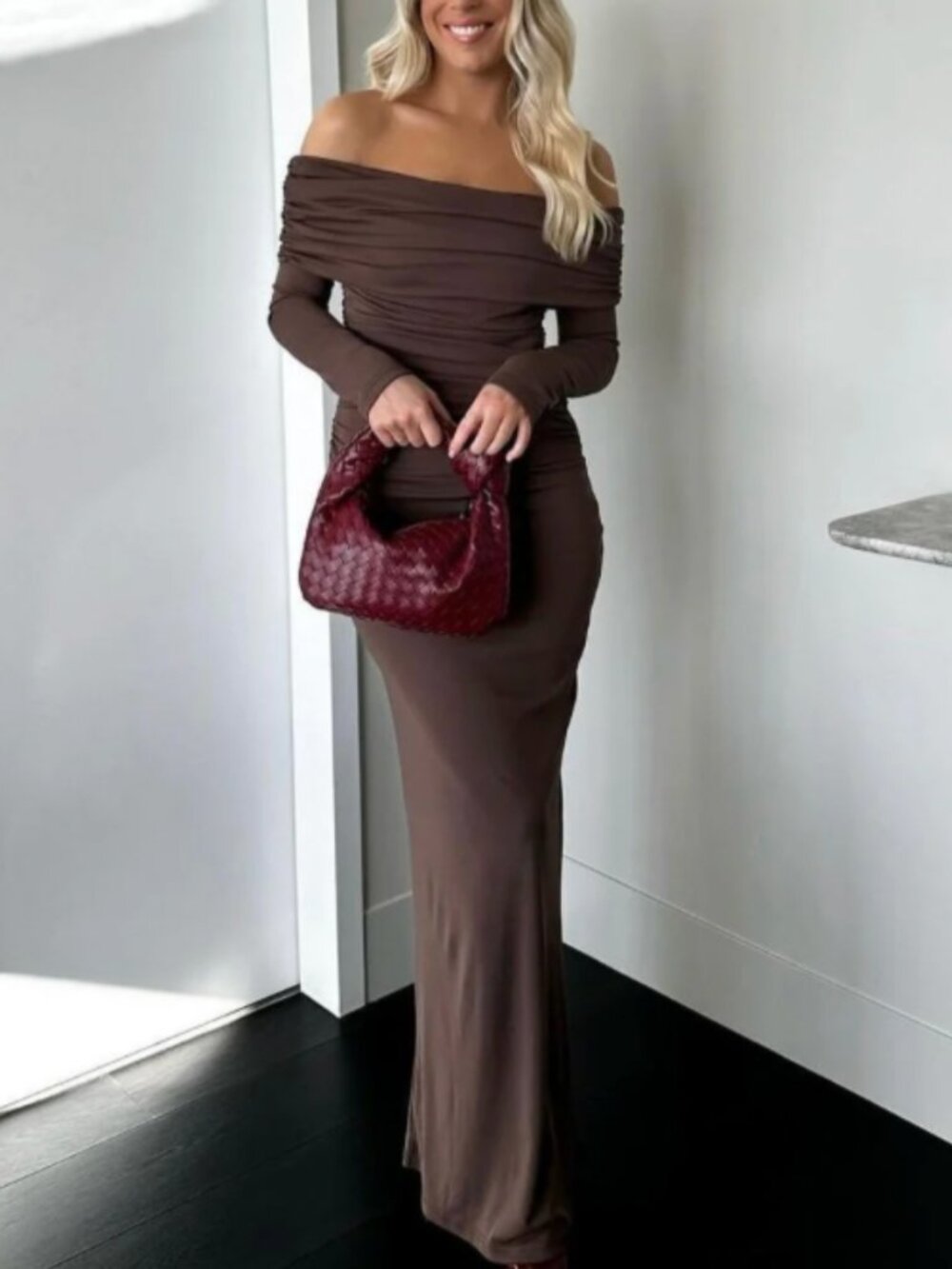 NWT BENNI Lorena Maxi Dress - Brown Cafe Off the Shoulder Cocktail AU8/US4